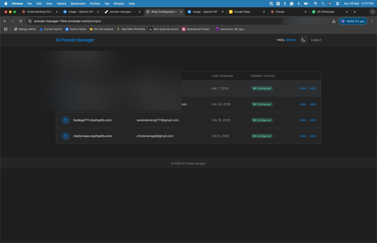 AI Prompt Manager — Shop Configurations Dashboard